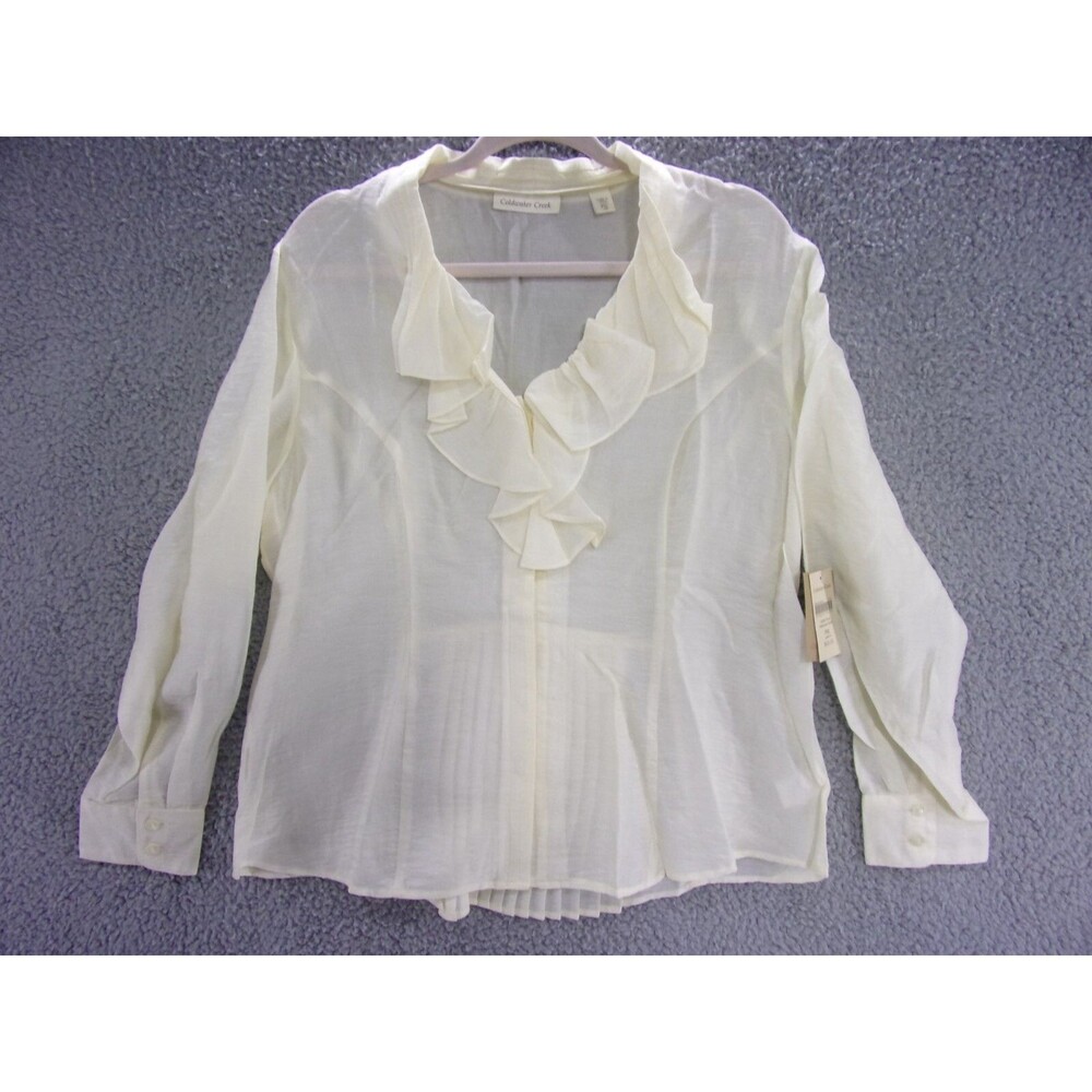 Coldwater Creek Shirt Womens PXL Blouse Ruffle Front Shimmer Ivory Y2K Vintage